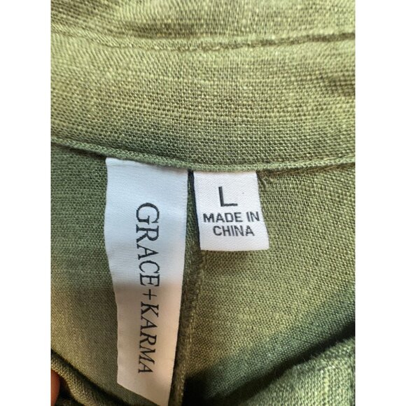 Grace + Karma Linen Blend Shirt Dress Womens Large Green Boho Tassel Tunic - Picture 3 of 11